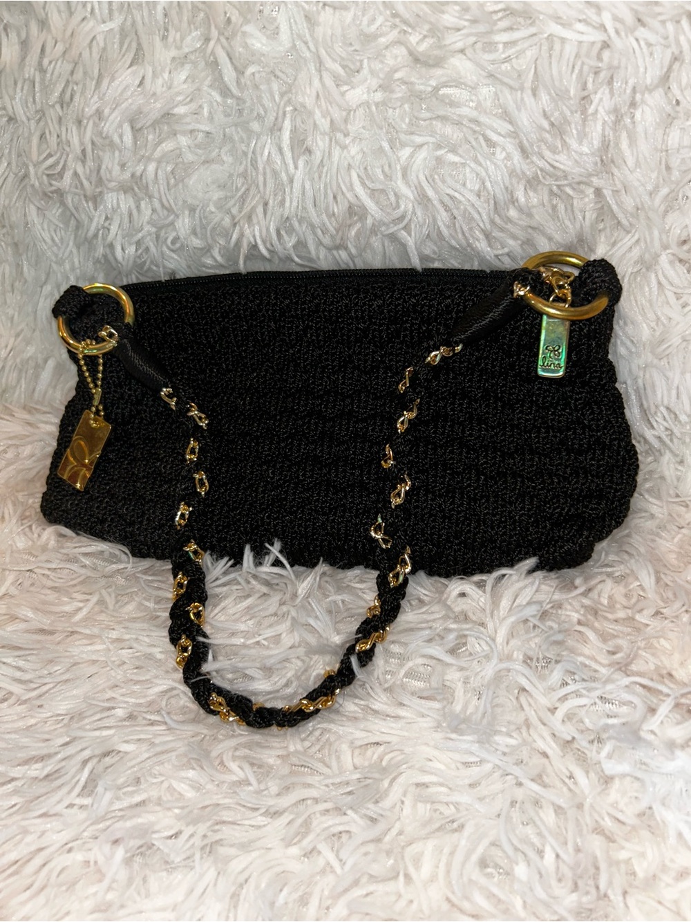 Lina Black Woven Shoulder Bag with Gold Chain Accents